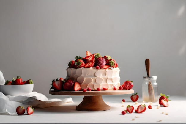 Délicieux biscuit aux fraises gâteau torte dessert avec des baies fraîches et de la crème au beurre sur fond de béton généré Ai