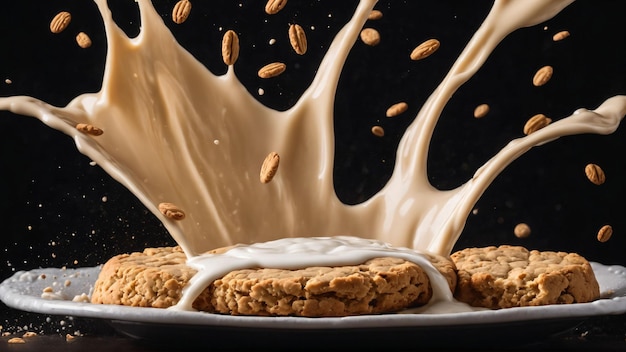 Délicieux biscuit avec éclaboussure de lait généré avec l'IA