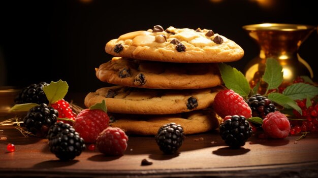 Délicieux Biscuits Au Chocolat Et Aux Framboises Photographie Exquise Avec Croûte Dorée Et Baies Fraîches