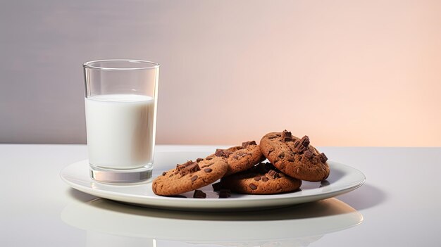 Photo délicieux biscuits au chocolat disposés sur une assiette blanche accompagnés d'un verre de lait frais sur une table légère suggérant une idée attrayante pour un petit déjeuner ou une collation pour enfants