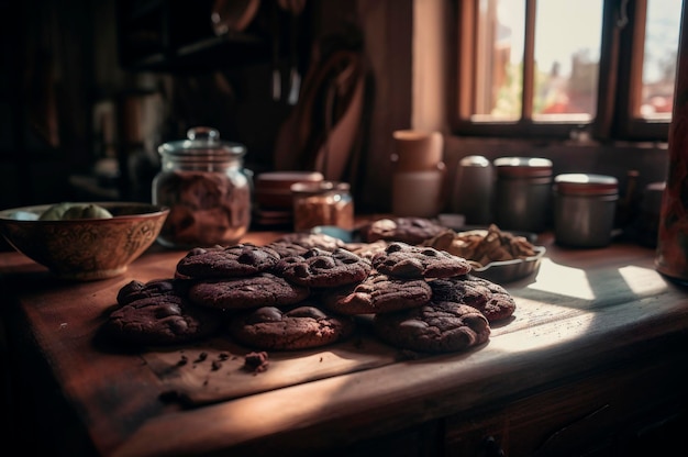 Délicieux biscuits au chocolat faits maison sur une table en bois rustique générée par l'IA