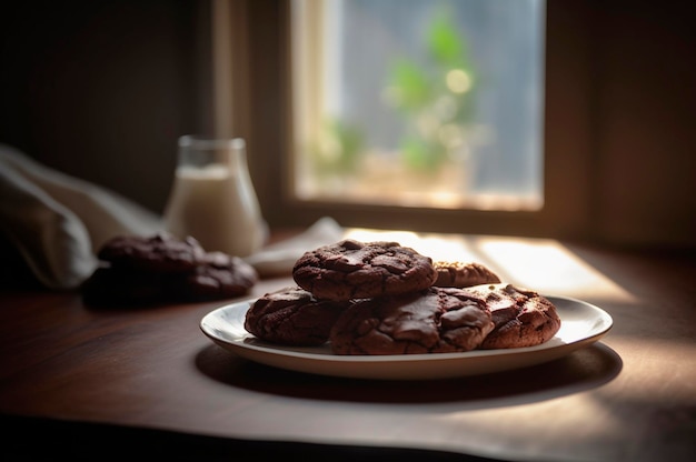 Délicieux biscuits au chocolat faits maison sur une table en bois rustique générée par l'IA