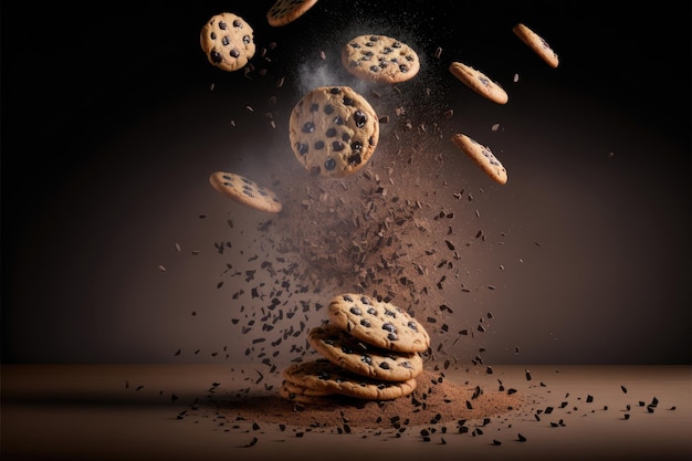 Délicieux biscuits au chocolat tombant sur un fond sombre Explosion de saveur AI générative