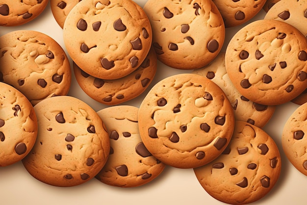 Délicieux biscuits aux pépites de chocolat fraîchement sortis du four sur fond beige pour l'affiche de la Journée nationale des biscuits