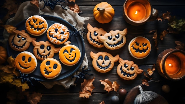 Délicieux biscuits faits maison d'Halloween pour une fête sur fond de bois