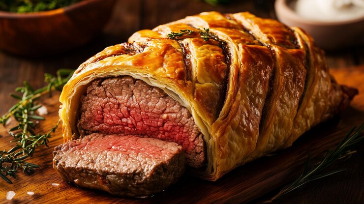 Photo délicieux bœuf gourmet wellington avec une croûte de pâtisserie floconneuse sur une planche de bois garnie d'herbes