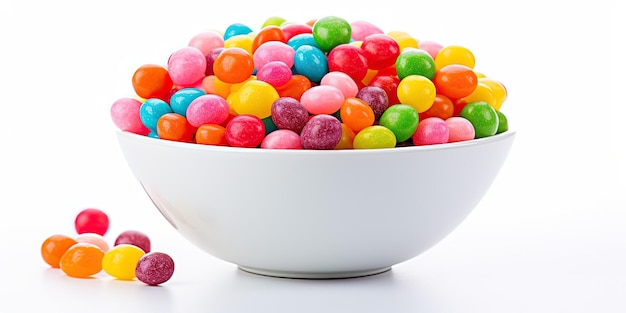 Un délicieux bol de bonbons colorés isolés sur un fond blanc où les bonbons apportent un souffle de