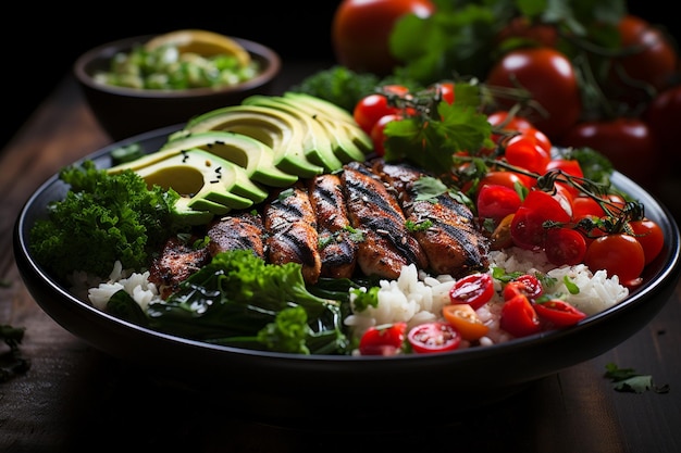 Un délicieux bol de Bouddha avec du poulet grillé et des légumes frais