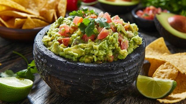 Un délicieux bol de guacamole à côté d'ingrédients frais sur une table