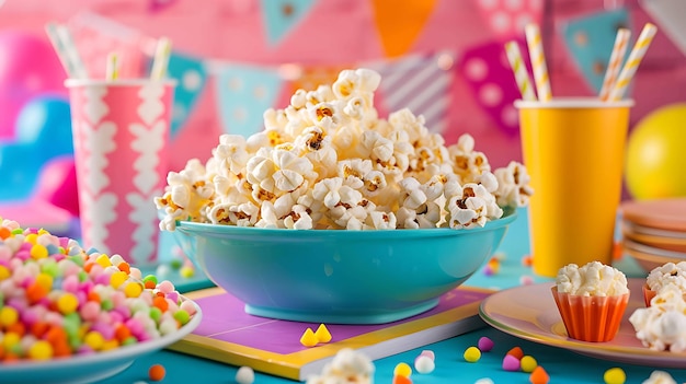 Un délicieux bol de pop-corn est assis sur une table entouré de bonbons colorés et de cupcakes la collation parfaite pour une fête ou une soirée de cinéma
