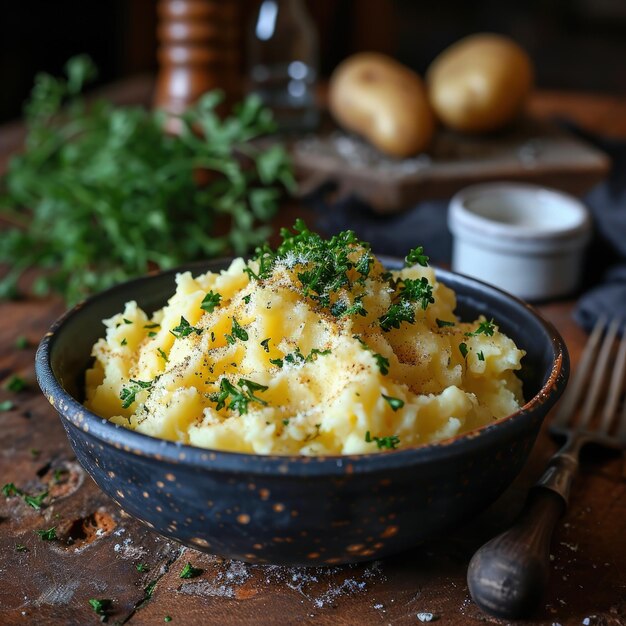 Un délicieux bol de purée de pommes de terre surmontée de persil frais