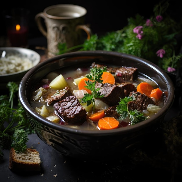 Délicieux bol de ragoût de boeuf sur une table en bois