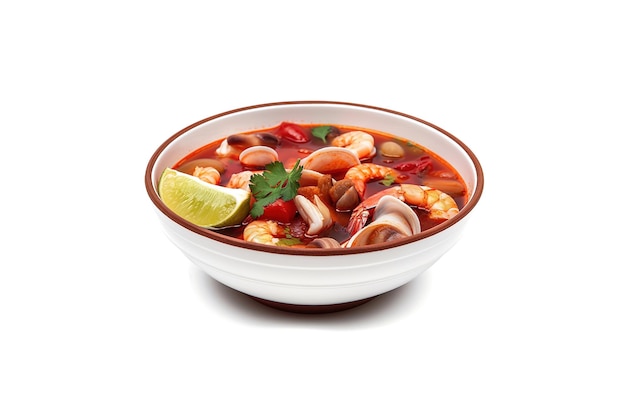Délicieux un bol de soupe thaïlandaise Tom Yam Kung aux crevettes et palourdes isolé sur fond blanc