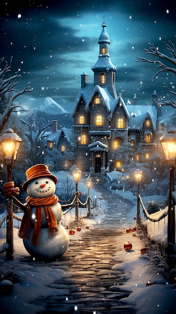 Un délicieux bonhomme de neige dans un pittoresque décor enneigé la nuit de Noël