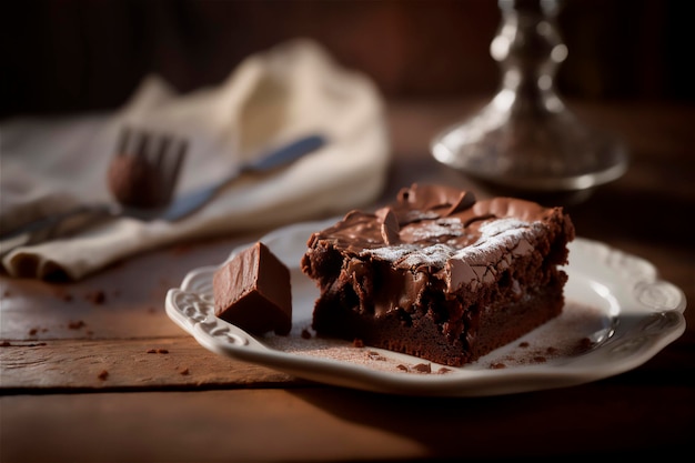 Délicieux brownie au chocolat fait maison dans une assiette en céramique blanche sur une table en bois rustique Généré par IA Mise au point sélective