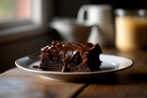 Délicieux brownie au chocolat fait maison dans une assiette en céramique blanche sur une table en bois rustique Généré par IA Mise au point sélective