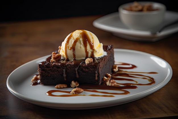 Un délicieux brownie avec de la crème glacée à la vanille et du sirop de caramel.