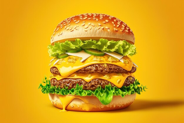 Délicieux Bun Pain Patty Pickle Onion Double Beef Burger Sur fond jaune mayonnaise ketchup fromage cheddar et laitue