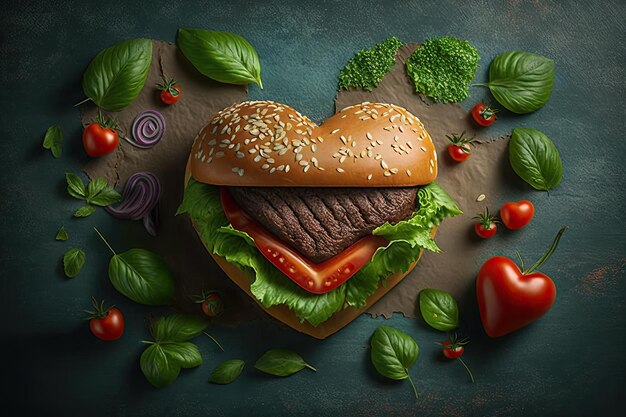 Délicieux burger appétissant en forme de coeur décoré de tomates et de feuilles