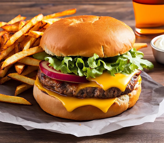 Délicieux burger avec bacon de boeuf et frites sur planche de bois libre