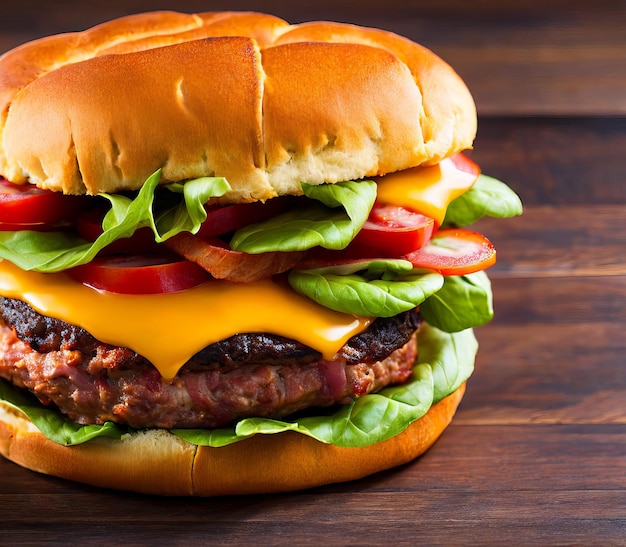 Délicieux burger avec bacon de boeuf et frites sur planche de bois libre