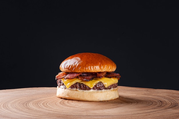 Délicieux burger de boeuf avec bacon et fromage cheddar sur table en bois sur fond sombre. Espace de copie