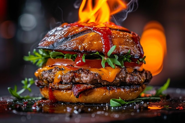 Un délicieux burger avec du feu.