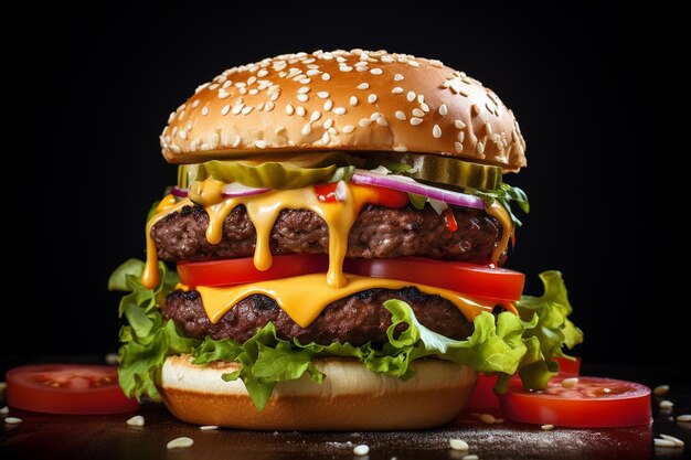 Un délicieux burger sur un fond noir sur la table.