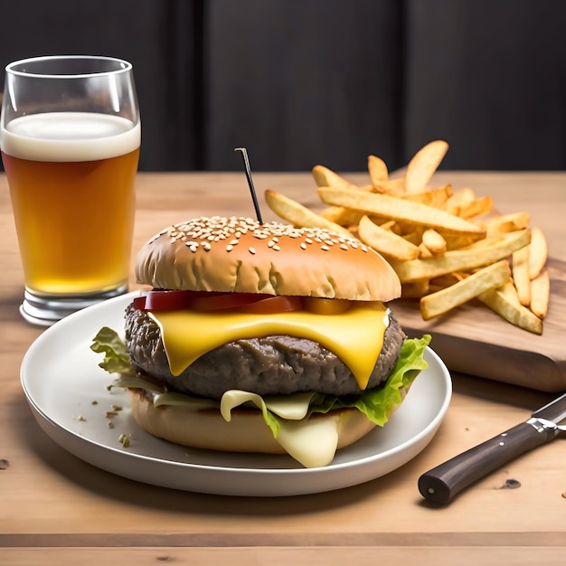 Un délicieux burger et des frites avec une boisson fraîche