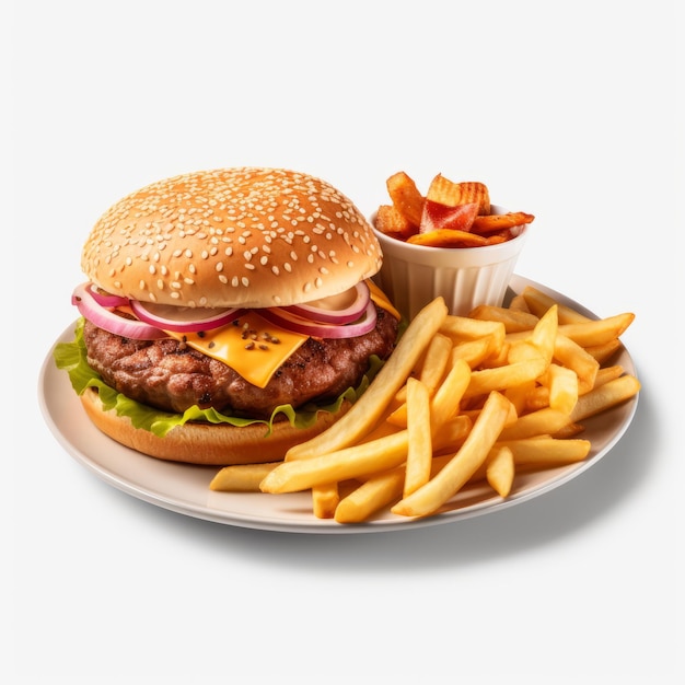 Délicieux Burger Et Frites Sur Une Plaque Blanche