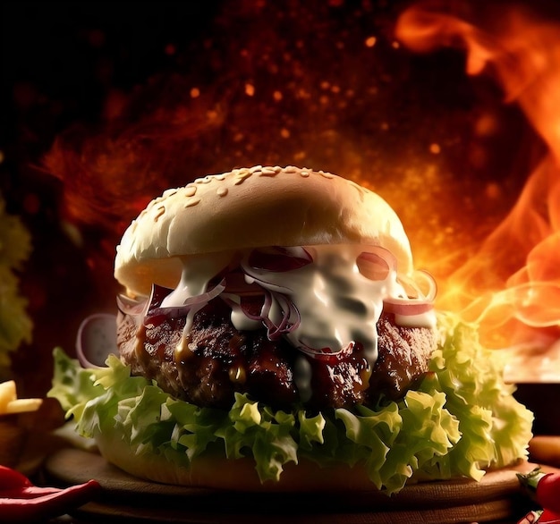 Délicieux Burger Fumé Avec Fromage Fondu Mayonnaise Fond De Feu Explosé