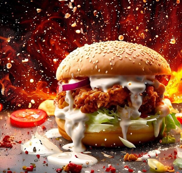 Délicieux Burger Fumé Avec Fromage Fondu Mayonnaise Fond De Feu Explosé