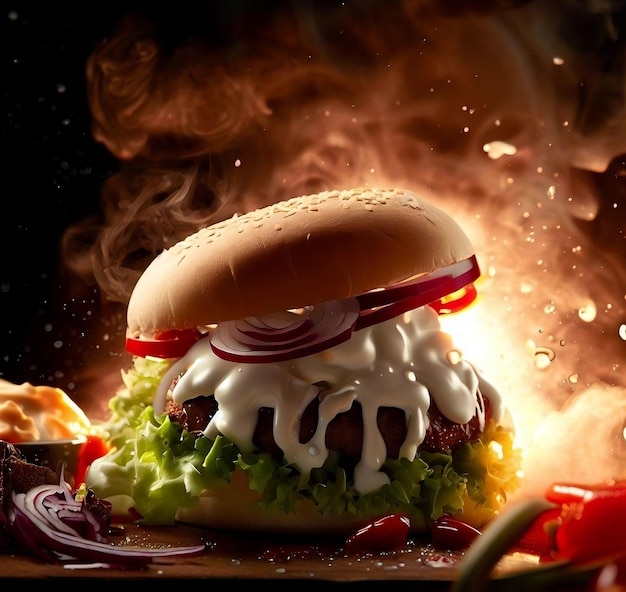 Délicieux Burger Fumé Avec Fromage Fondu Mayonnaise Fond De Feu Explosé