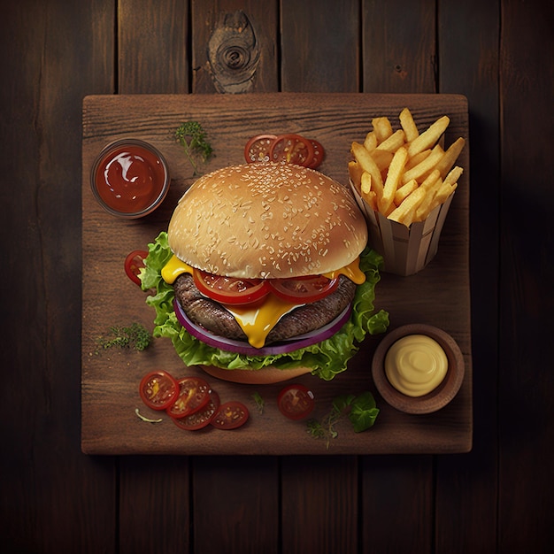 Délicieux burger grillé isolé avec boisson froide et frites