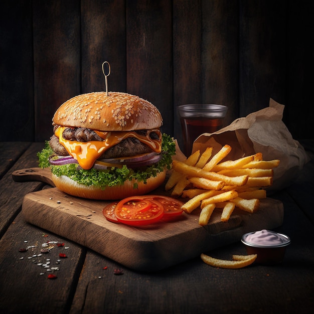 Délicieux burger grillé isolé avec boisson froide et frites