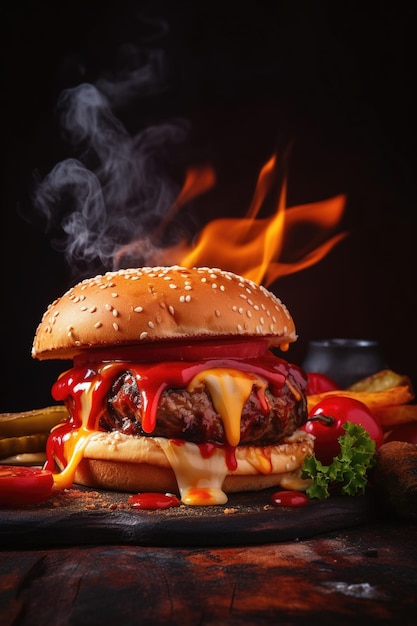 Délicieux burger grillé à la perfection Parfait pour les affiches et les menus Les flammes ajoutent une touche supplémentaire Ai généré