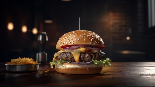 Délicieux burger juteux avec escalope et fromage et frites AI générative