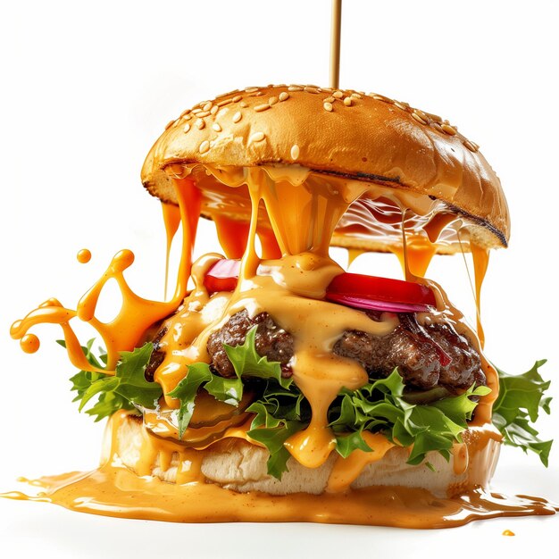 Photo un délicieux burger avec de nombreux ingrédients isolés sur un fond blanc une savoureuse sauce au fromage.