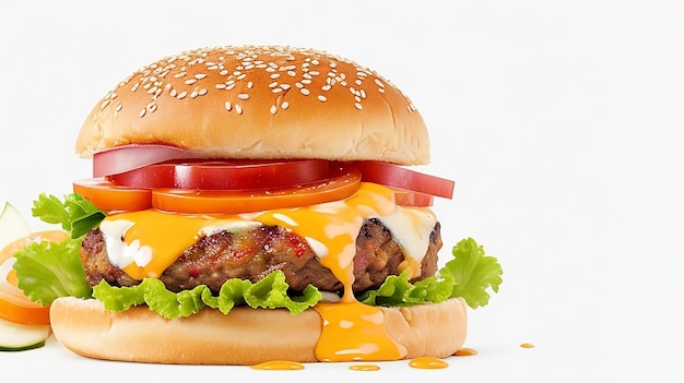 Photo délicieux burger avec de nombreux ingrédients isolés sur fond blanc savoureuse sauce splash cheeseburger