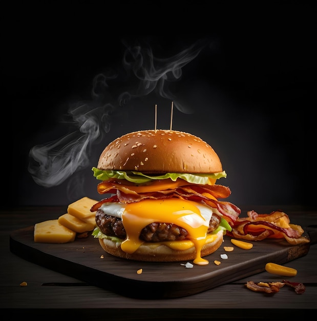 Un délicieux burger avec une planche à couper en bois.