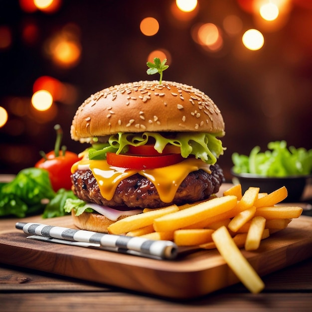 Un délicieux burger testy et des frites