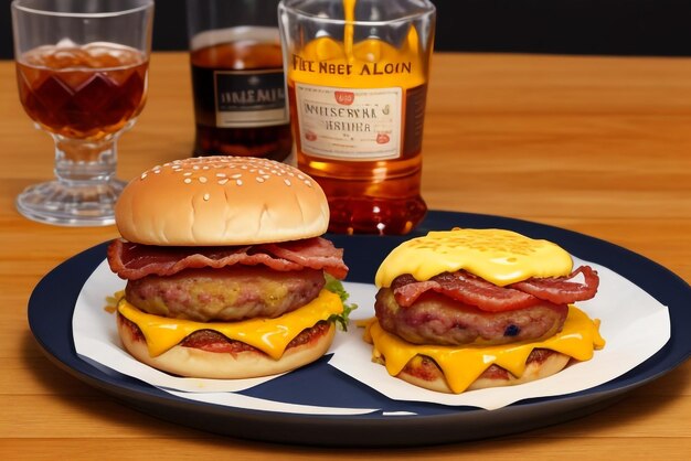 Délicieux burger triple viande avec bacon et fromage jaune accompagné d'une bouteille de boisson fraîche o
