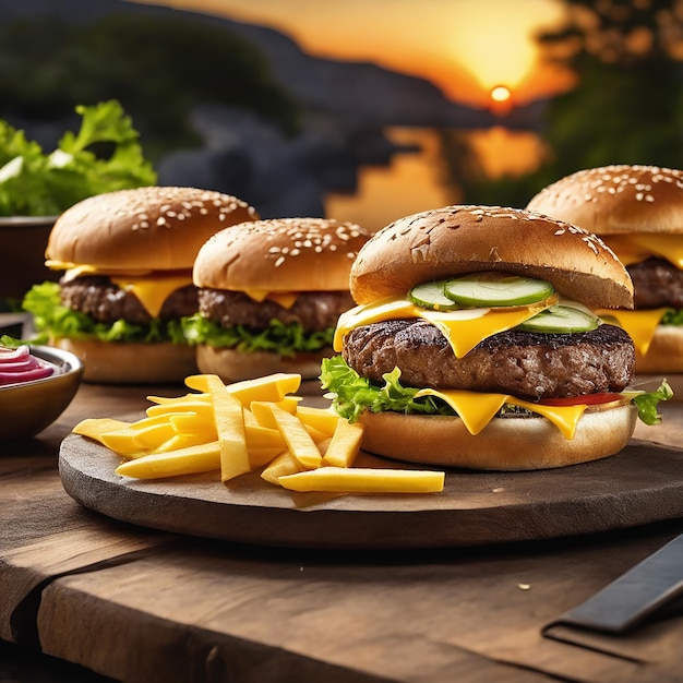 un délicieux burger triple viande avec du fromage jaune accompagné d'un épais burger de bœuf au fromage glacé