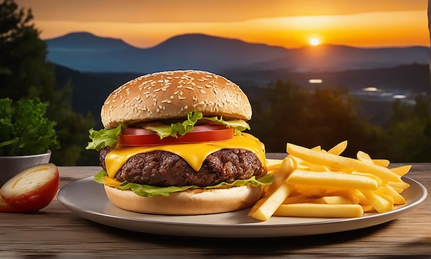 un délicieux burger triple viande avec du fromage jaune accompagné d'un épais burger de bœuf au fromage glacé