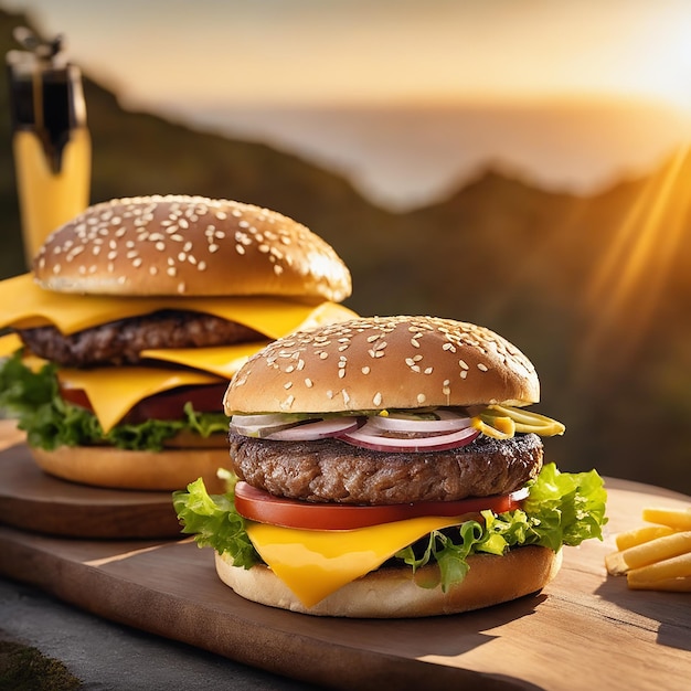 un délicieux burger triple viande avec du fromage jaune accompagné d'un épais burger de bœuf au fromage glacé