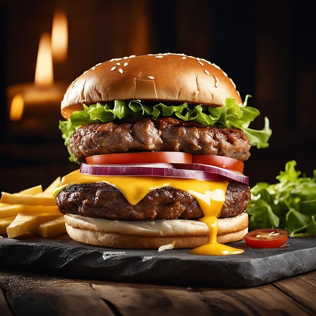 un délicieux burger triple viande avec du fromage jaune accompagné d'un épais burger de bœuf au fromage glacé