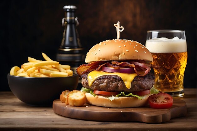 Photo un délicieux burger à trois viandes avec bacon et fromage jaune fondu accompagné d'un verre de bière