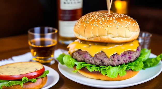 un délicieux burger à trois viandes avec bacon et fromage jaune