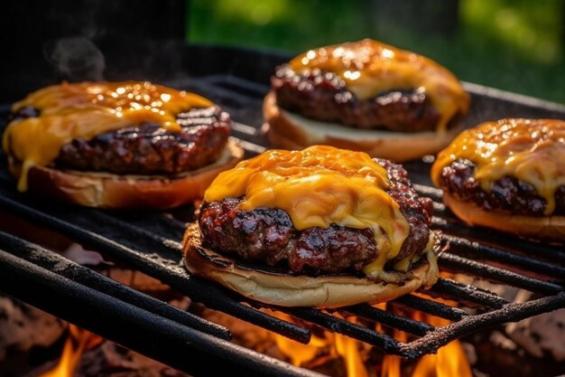 Photo délicieux burgers au bœuf tomate fromage et laitue cuits sur le grill assemblés generative ai