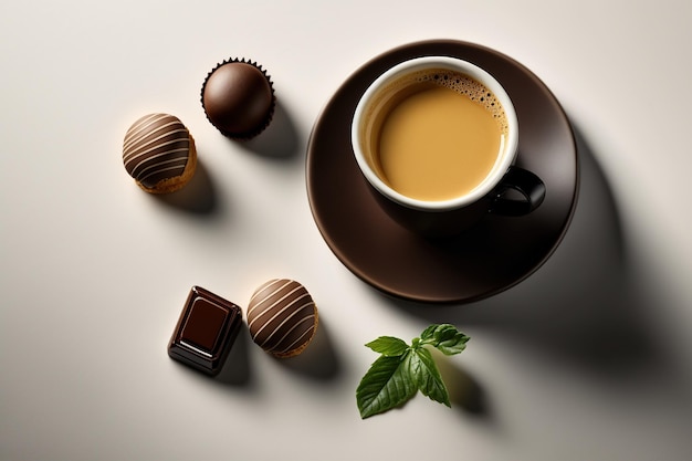 Délicieux café chaud et chocolat sur table